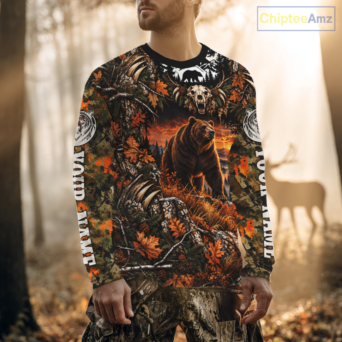 Personalized Bear Skull With Hunting Shirt Orange Camo Custom Name, Bear Hunting Clothes NHT1646