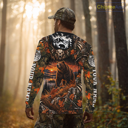 Personalized Bear Skull With Hunting Shirt Orange Camo Custom Name, Bear Hunting Clothes NHT1646