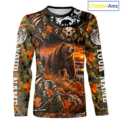 Personalized Bear Skull With Hunting Shirt Orange Camo Custom Name, Bear Hunting Clothes NHT1646