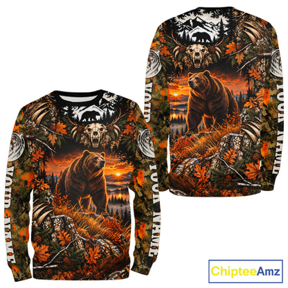 Personalized Bear Skull With Hunting Shirt Orange Camo Custom Name, Bear Hunting Clothes NHT1646