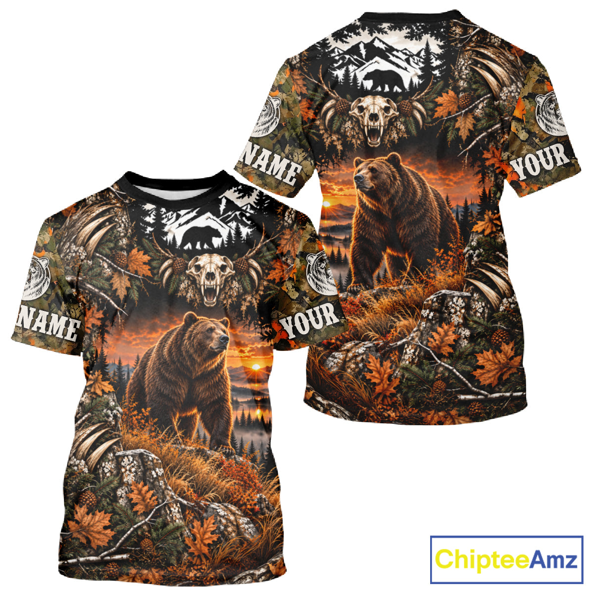 Personalized Bear Skull With Hunting Shirt Orange Camo Custom Name, Bear Hunting Clothes NHT1646