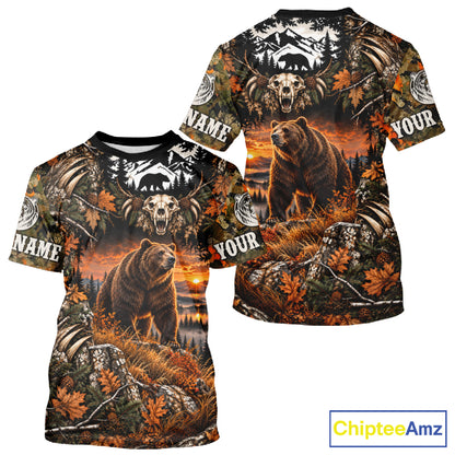 Personalized Bear Skull With Hunting Shirt Orange Camo Custom Name, Bear Hunting Clothes NHT1646
