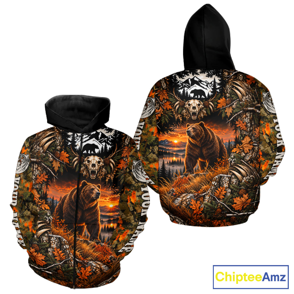 Personalized Bear Skull With Hunting Shirt Orange Camo Custom Name, Bear Hunting Clothes NHT1646