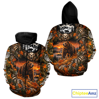 Personalized Bear Skull With Hunting Shirt Orange Camo Custom Name, Bear Hunting Clothes NHT1646