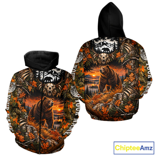 Personalized Bear Skull With Hunting Shirt Orange Camo Custom Name, Bear Hunting Clothes NHT1646