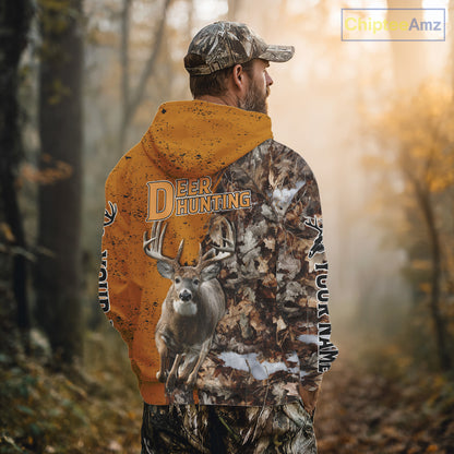 Hunting Shirt with Running Deer Design – Blaze Orange Camo Custom Name 3D Print NHT288