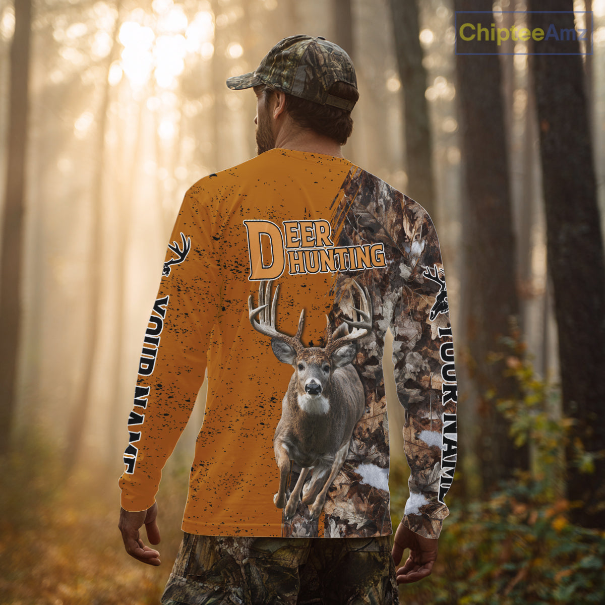 Hunting Shirt with Running Deer Design – Blaze Orange Camo Custom Name 3D Print NHT288