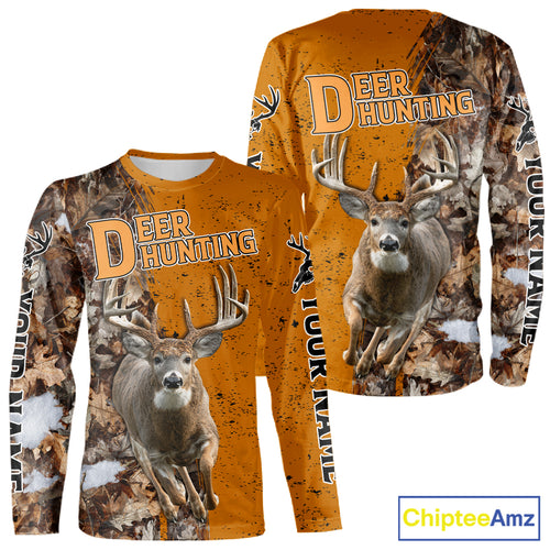 Hunting Shirt with Running Deer Design – Blaze Orange Camo Custom Name 3D Print NHT288