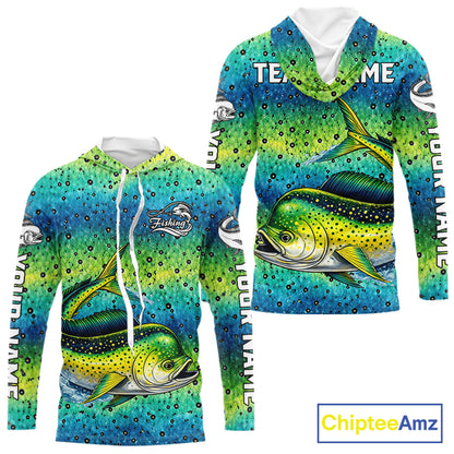Mahi Mahi Fishing Team Jerseys, Mahi Mahi Fishing Shirts Long Sleeve Hooded Green Camo  NHT614