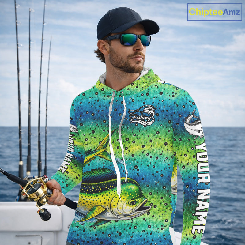 Mahi Mahi Fishing Team Jerseys, Mahi Mahi Fishing Shirts Long Sleeve Hooded Green Camo  NHT614
