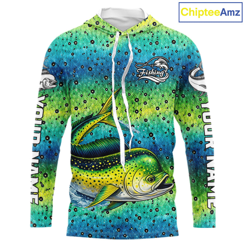 Mahi Mahi Fishing Team Jerseys, Mahi Mahi Fishing Shirts Long Sleeve Hooded Green Camo  NHT614