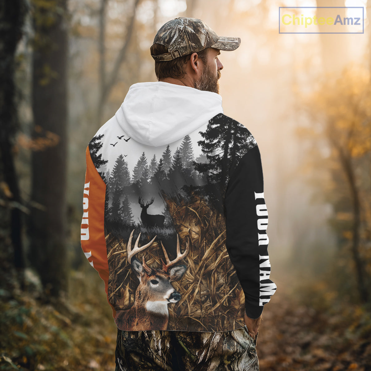 Whitetail Deer Hunting Shirt  – Blaze Orange Camo Black Custom Name 3D Print NHT290