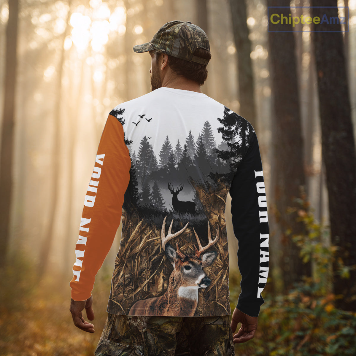 Whitetail Deer Hunting Shirt  – Blaze Orange Camo Black Custom Name 3D Print NHT290