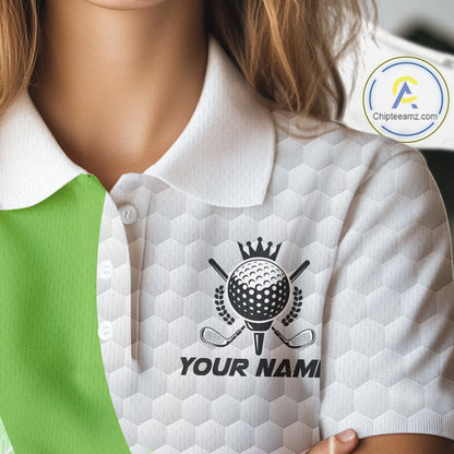 White And Green Golf Clubs Custom Name, Team Name Mens Golf Polo Shirts Team Womens Golf Tops NHT690