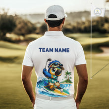 Load image into Gallery viewer, Close up of personalized surfing parrot mens golf polo shirt, breathable polyester fabric, custom name area.