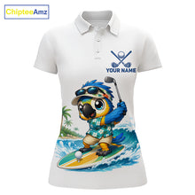 Load image into Gallery viewer, Personalized surfing parrot womens golf polo shirt, tropical beach bird golf team shirt, front view.