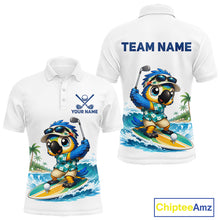 Load image into Gallery viewer, Mens golf polo shirt with surfing parrot graphic, custom name and team, tropical beach design.