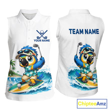 Load image into Gallery viewer, Personalized surfing parrot womens sleeveless golf polo shirt, tropical beach bird golf team shirt, front view.