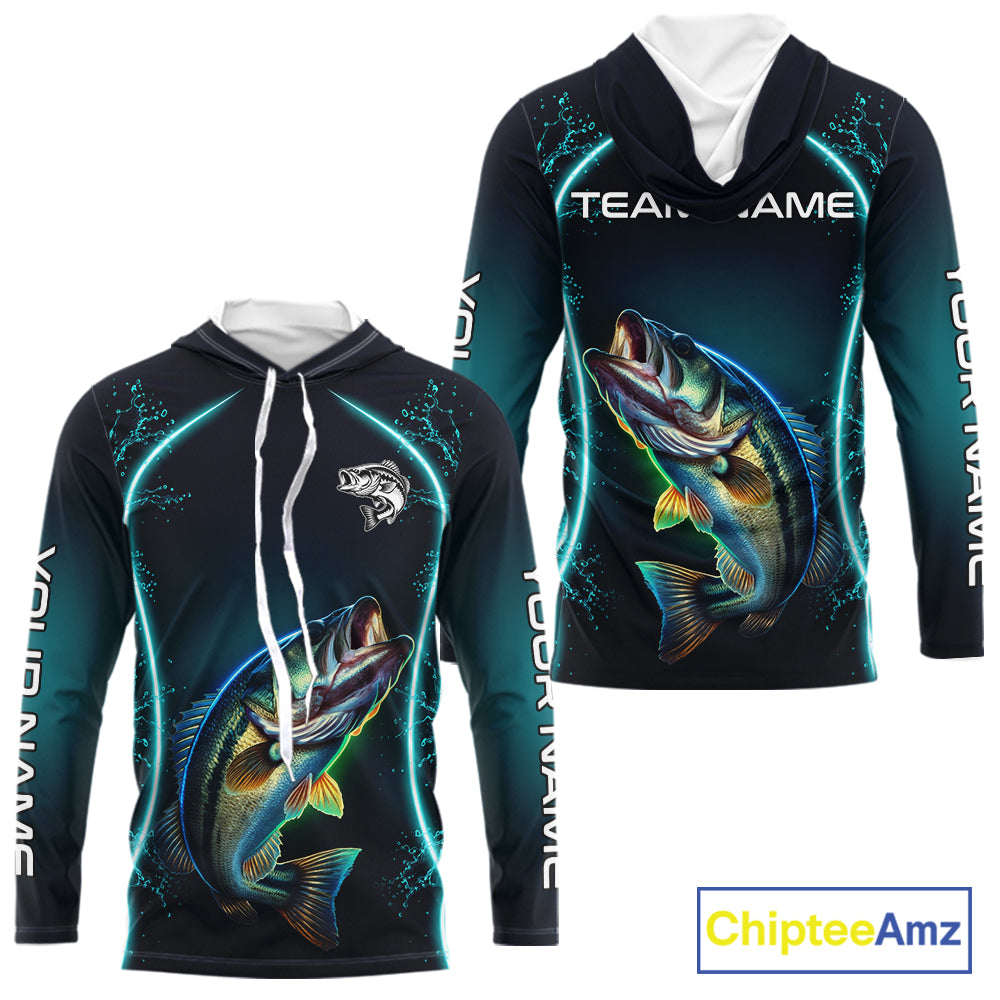 Personalized Neon Bass Fishing Shirt, Largemouth Bass Long Sleeve Hooded Performance Apparel 