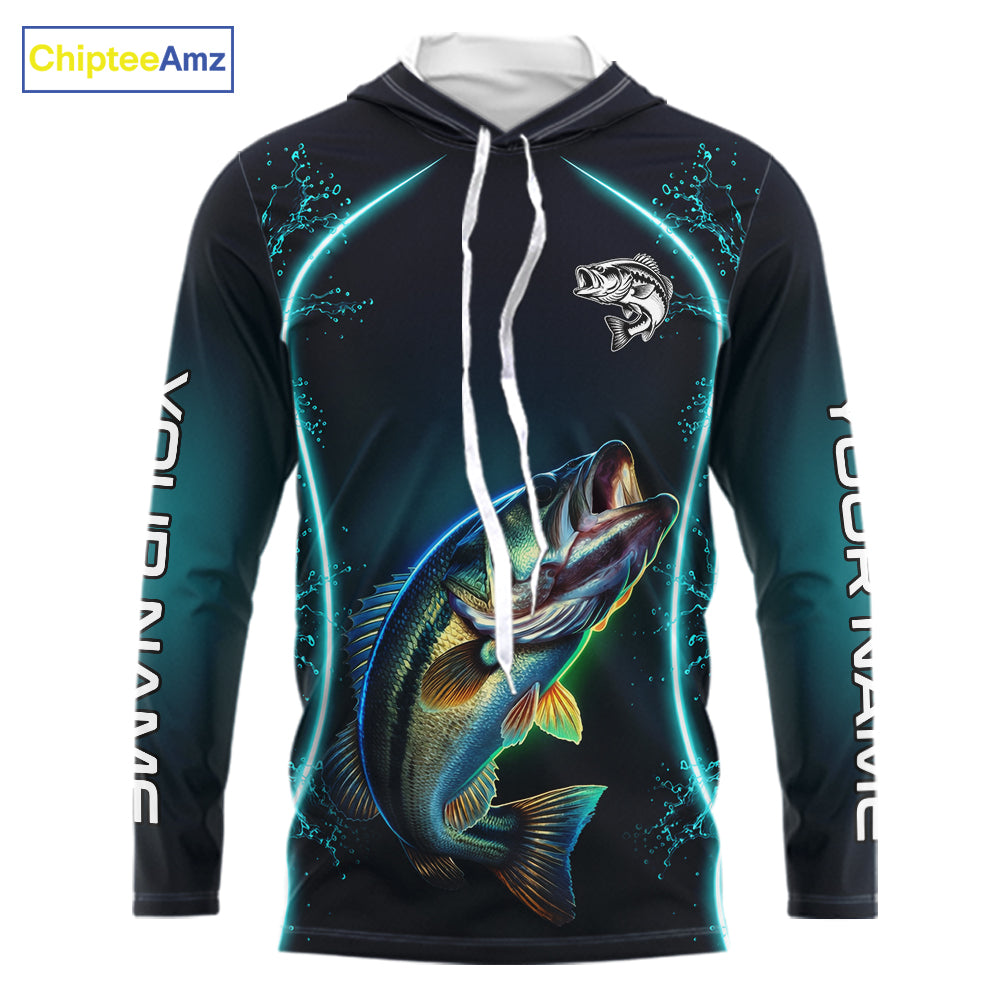 Personalized Neon Bass Fishing Shirt, Largemouth Bass Long Sleeve Hooded Performance Apparel 