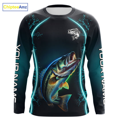 Personalized Neon Bass Fishing Shirt, Largemouth Bass Long Sleeve Performance Apparel 
