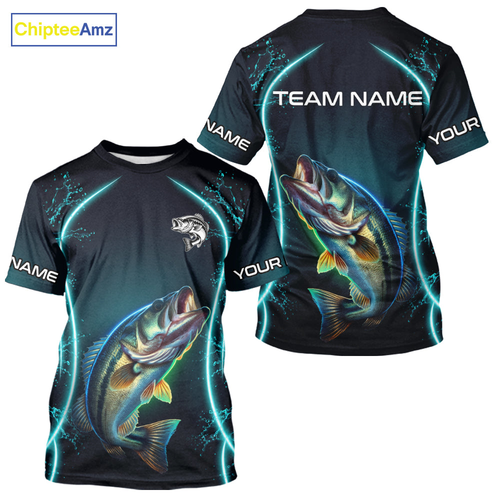 Personalized Neon Bass Fishing Shirt, Largemouth Bass Short Sleeve Fishing T-Shirts Performance Apparel 
