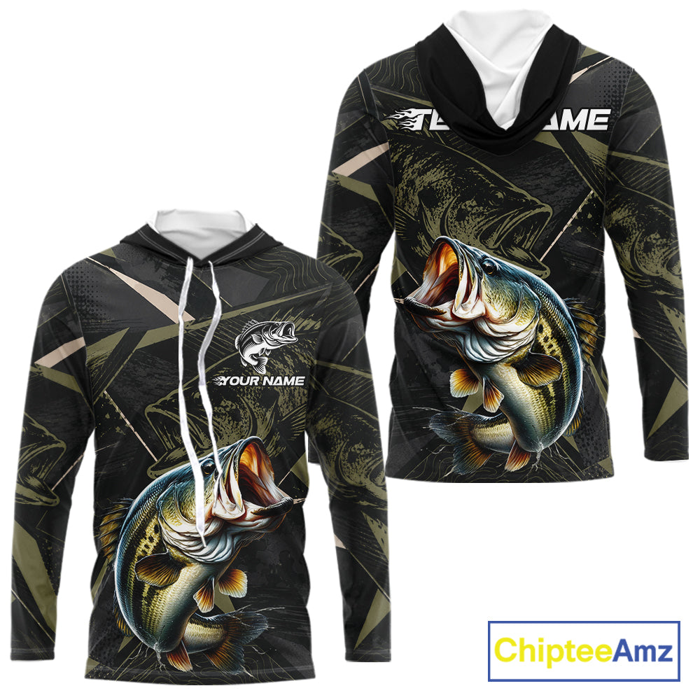 Personalized Bass Fishing Jersey, Custom Name Long Sleeve Hooded Fishing Shirt For Men 