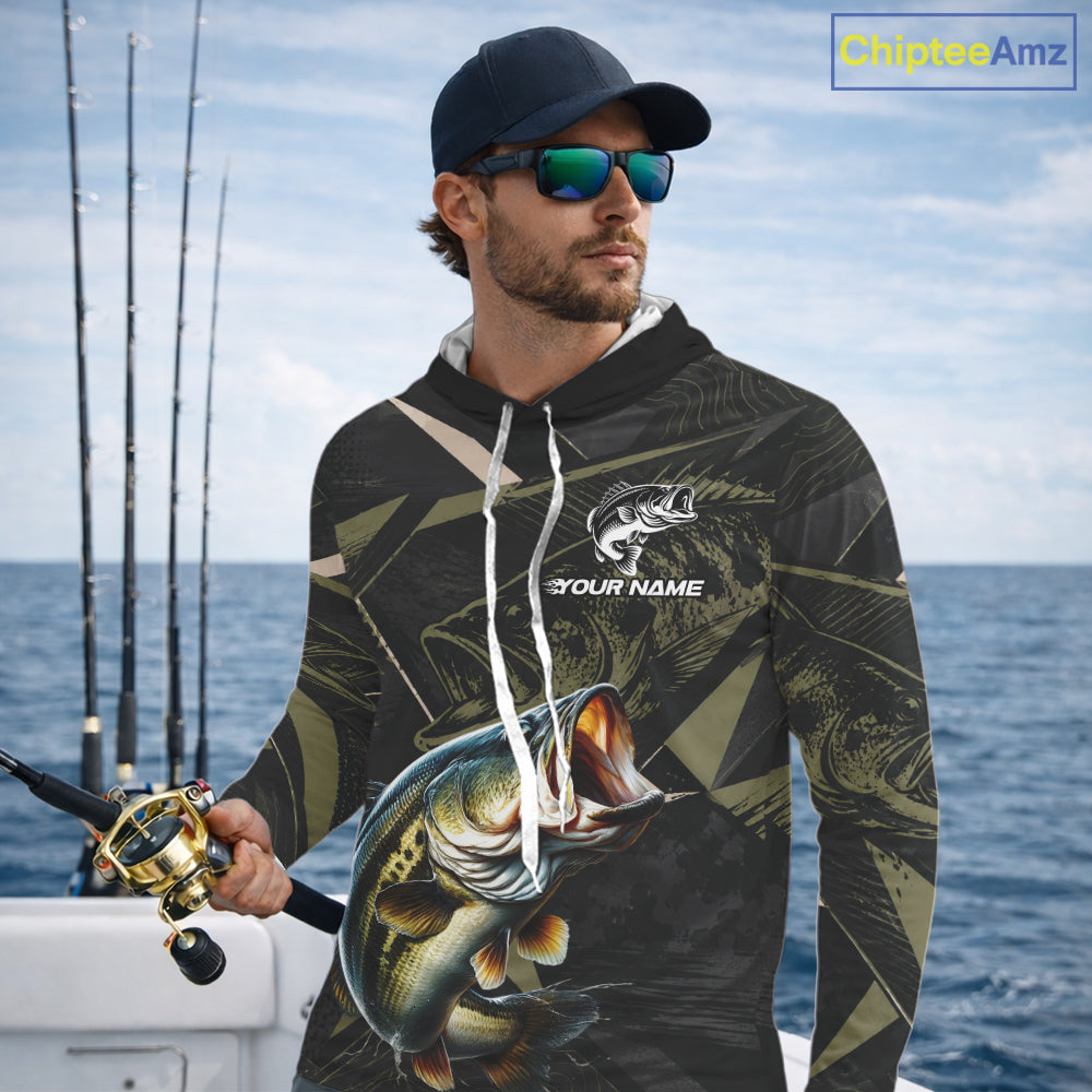 Personalized Bass Fishing Jersey, Custom Name Long Sleeve Hooded Fishing Shirt For Men 