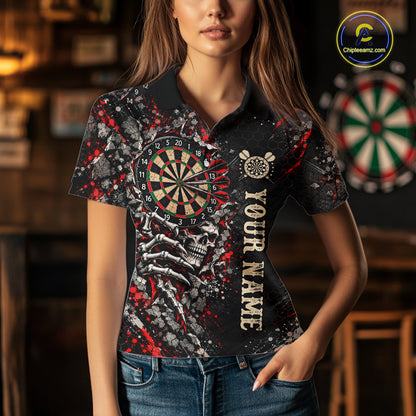 Dark Skull Dart Board Polo 1/4-Zip Shirt For Women Personalized Darts Club Match Jersey NHT1652