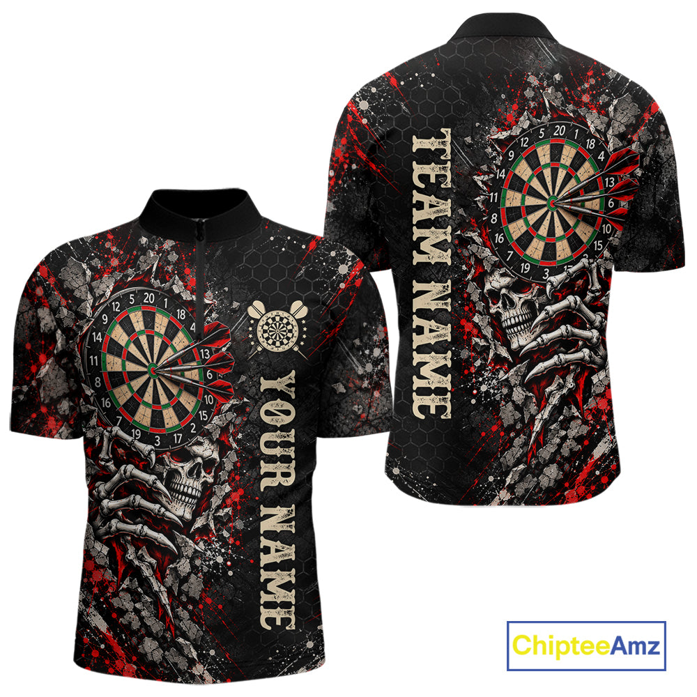 Dark Skull Dart Board Polo 1/4-Zip Shirt For Men Personalized Darts Club Match Jersey NHT1652