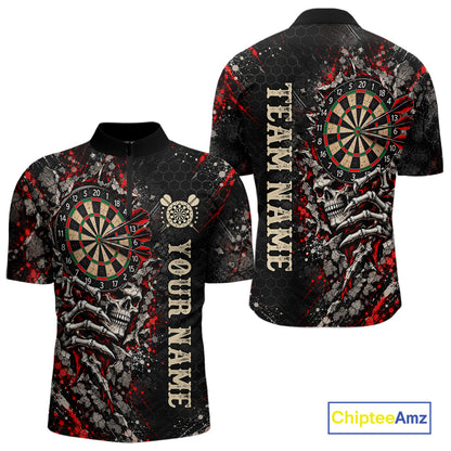 Dark Skull Dart Board Polo 1/4-Zip Shirt For Men Personalized Darts Club Match Jersey NHT1652