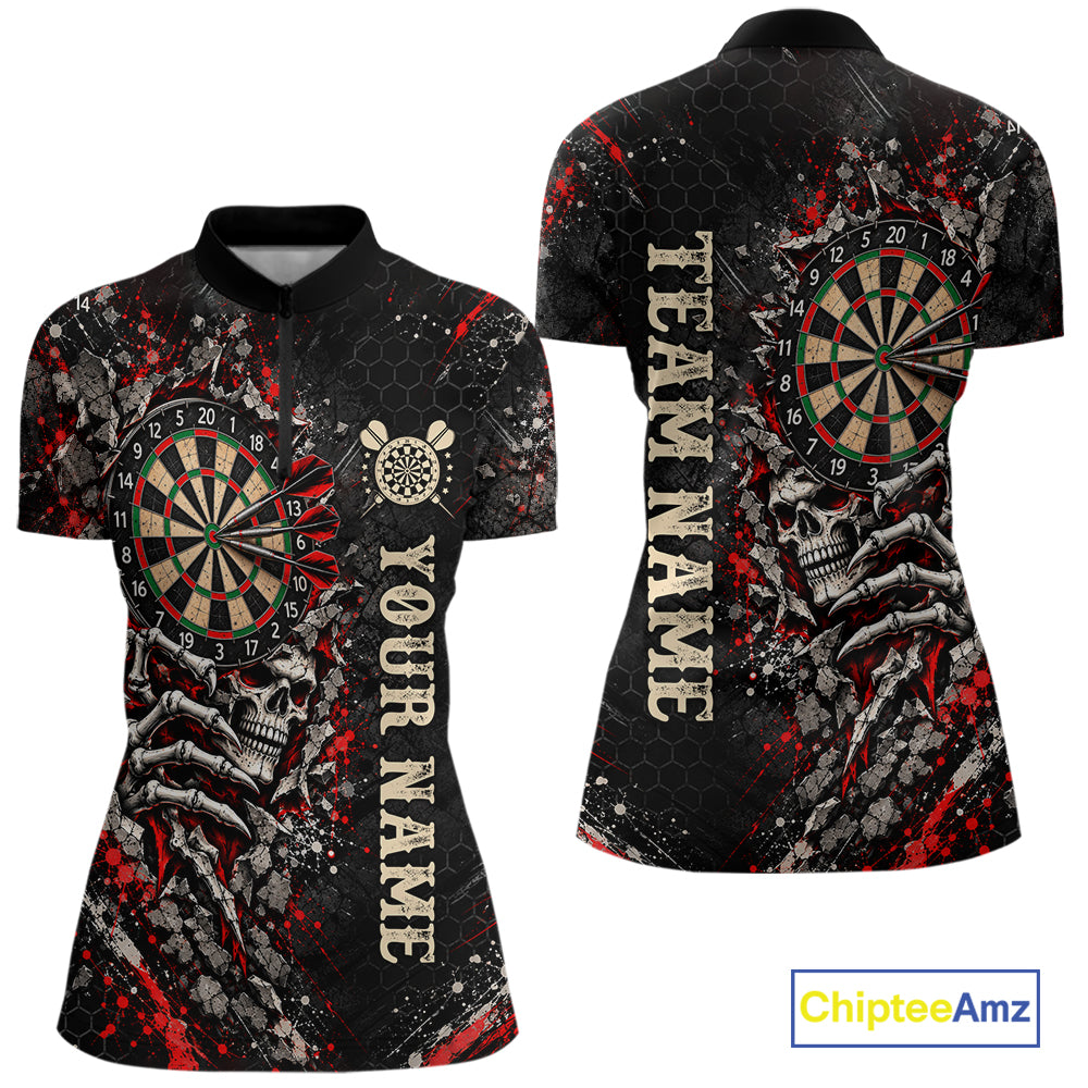 Dark Skull Dart Board Polo 1/4-Zip Shirt For Women Personalized Darts Club Match Jersey NHT1652