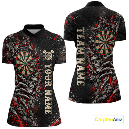 Dark Skull Dart Board Polo 1/4-Zip Shirt For Women Personalized Darts Club Match Jersey NHT1652