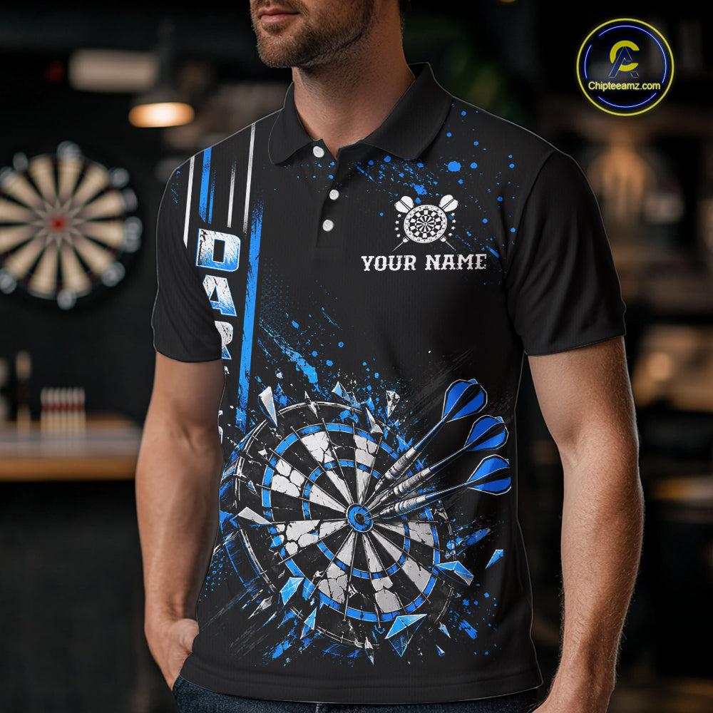 Blue Darts Target Shatter Polo 1/4-Zip Shirt For Men Custom Black Team Tournament Jersey NHT1660