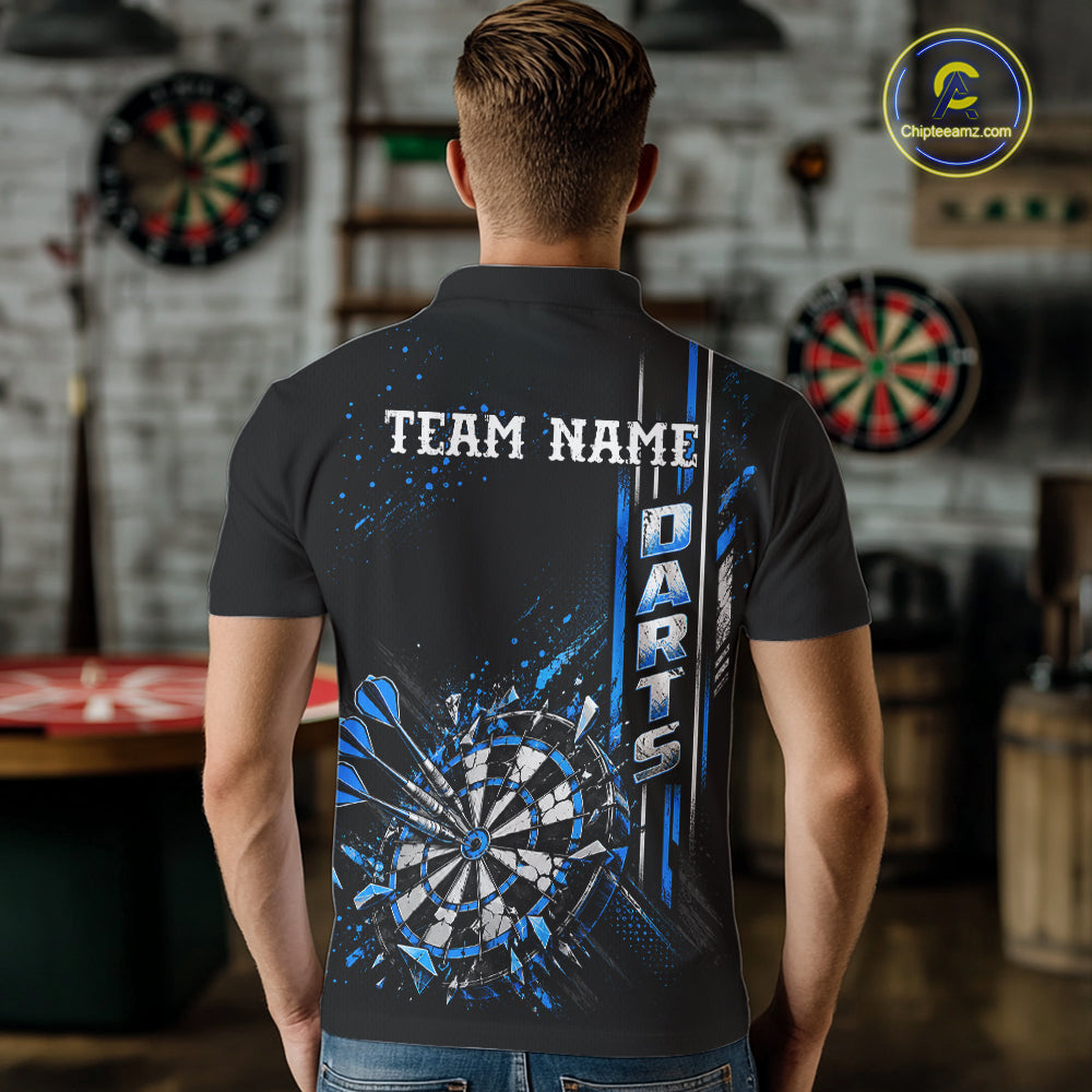 Blue Darts Target Shatter Polo 1/4-Zip Shirt For Men Custom Black Team Tournament Jersey NHT1660