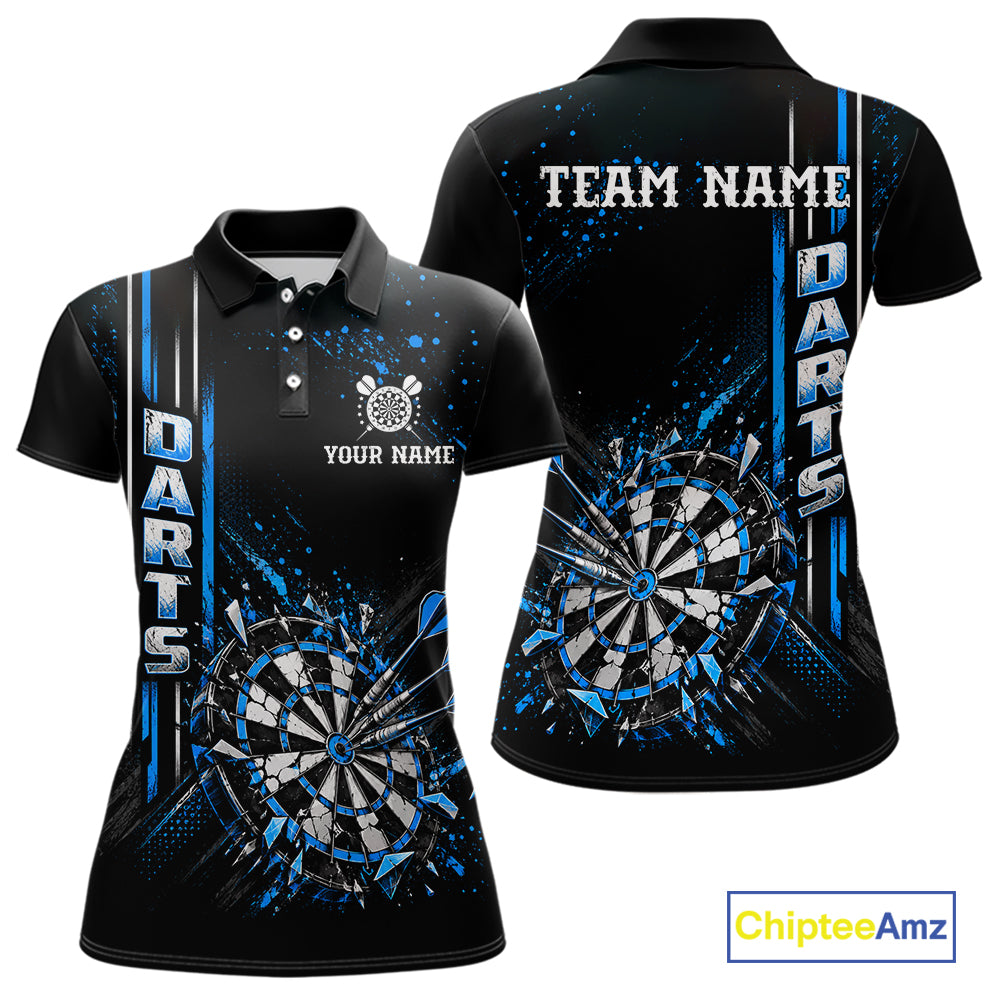 Blue Darts Target Shatter Polo 1/4-Zip Shirt For Women Custom Black Team Tournament Jersey NHT1660