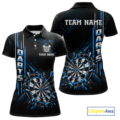 Blue Darts Target Shatter Polo 1/4-Zip Shirt For Women Custom Black Team Tournament Jersey NHT1660
