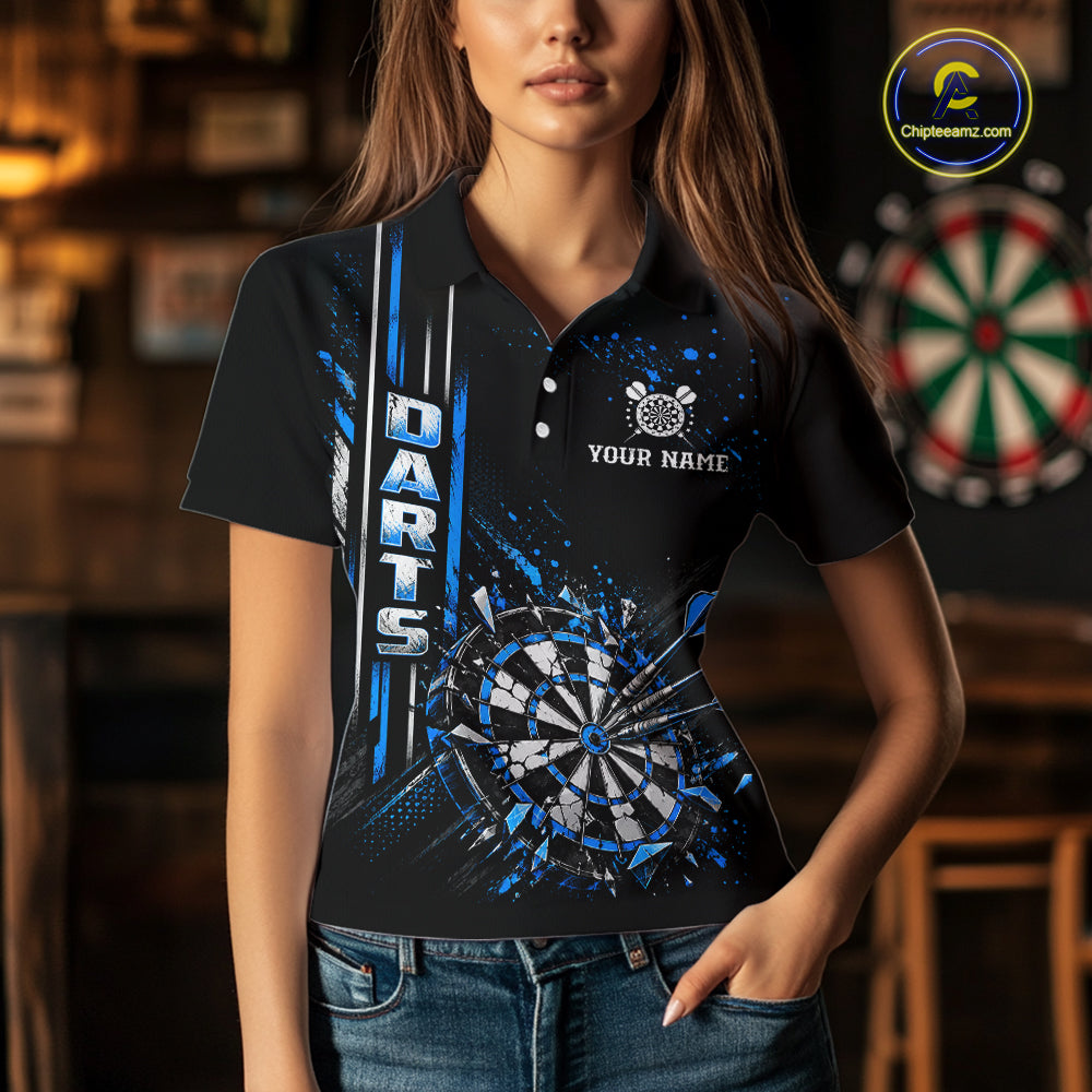 Blue Darts Target Shatter Polo 1/4-Zip Shirt For Women Custom Black Team Tournament Jersey NHT1660