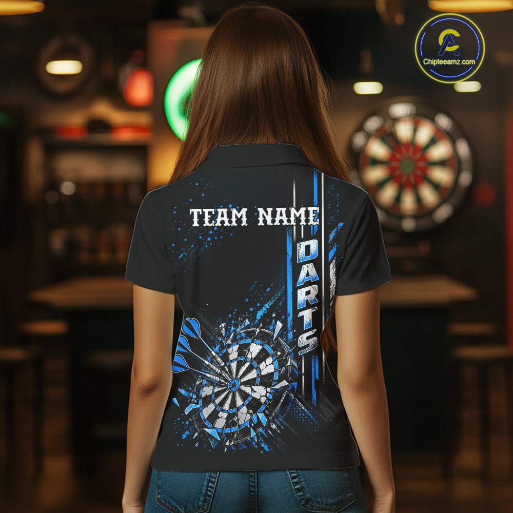 Blue Darts Target Shatter Polo 1/4-Zip Shirt For Women Custom Black Team Tournament Jersey NHT1660