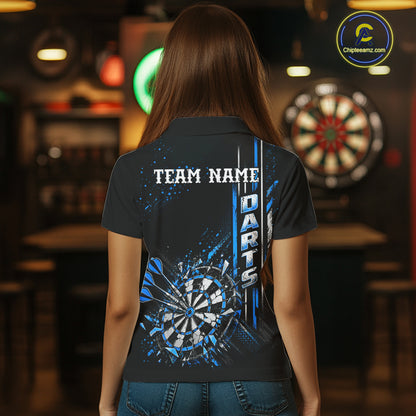Blue Darts Target Shatter Polo 1/4-Zip Shirt For Women Custom Black Team Tournament Jersey NHT1660