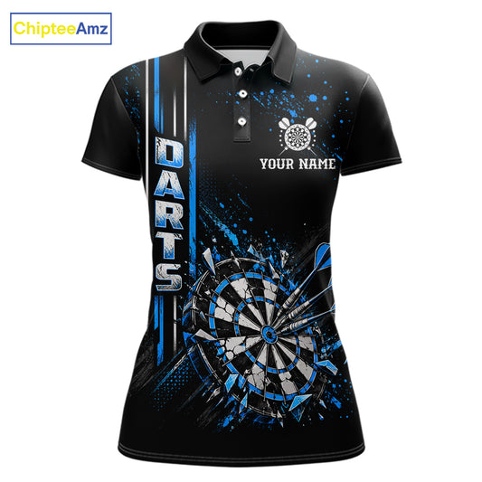 Blue Darts Target Shatter Polo 1/4-Zip Shirt For Women Custom Black Team Tournament Jersey NHT1660