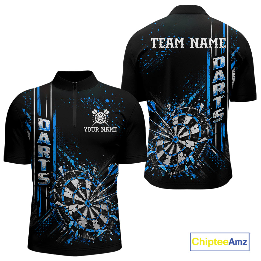 Blue Darts Target Shatter Polo 1/4-Zip Shirt For Men Custom Black Team Tournament Jersey NHT1660