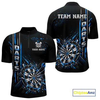 Blue Darts Target Shatter Polo 1/4-Zip Shirt For Men Custom Black Team Tournament Jersey NHT1660