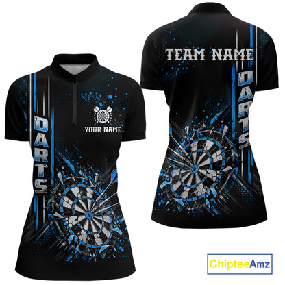 Blue Darts Target Shatter Polo 1/4-Zip Shirt For Women Custom Black Team Tournament Jersey NHT1660