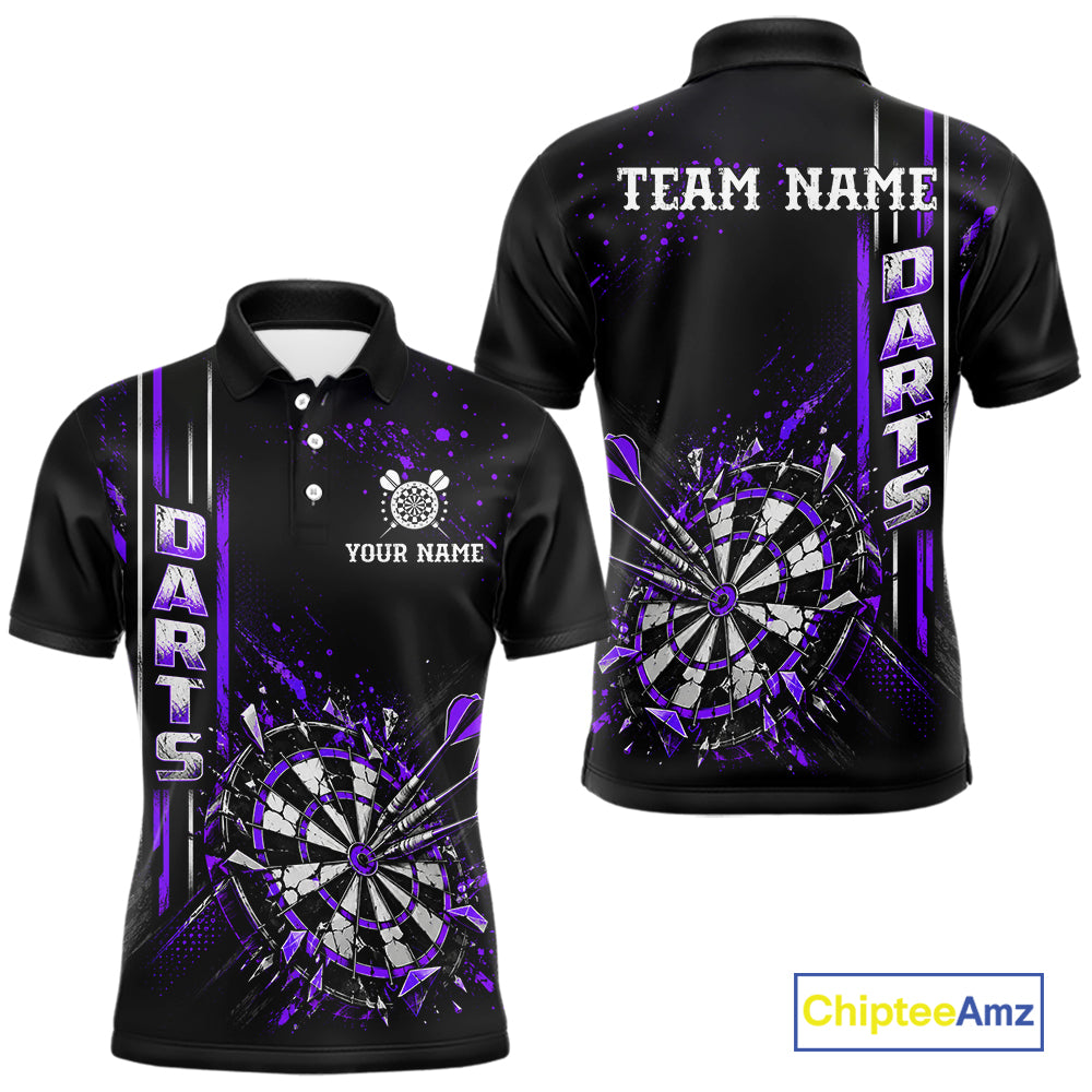 Purple Darts Target Shatter Polo 1/4-Zip Shirt For Men Custom Black Team Tournament Jersey NHT1661