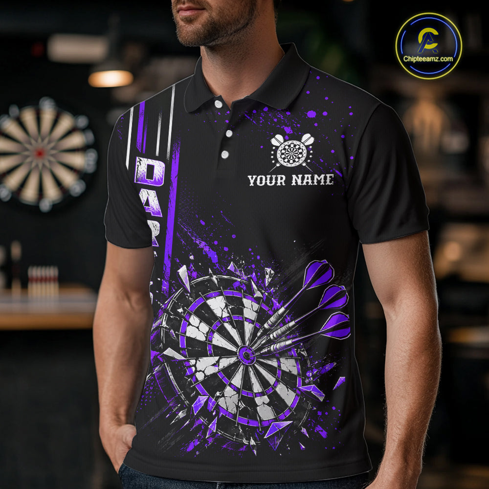 Purple Darts Target Shatter Polo 1/4-Zip Shirt For Men Custom Black Team Tournament Jersey NHT1661
