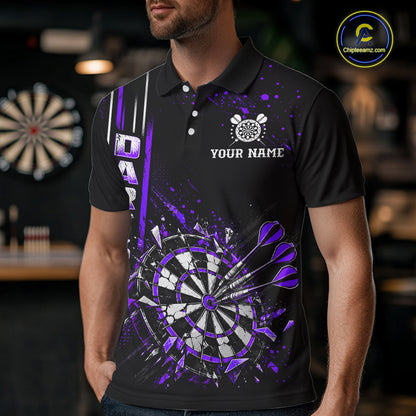 Purple Darts Target Shatter Polo 1/4-Zip Shirt For Men Custom Black Team Tournament Jersey NHT1661