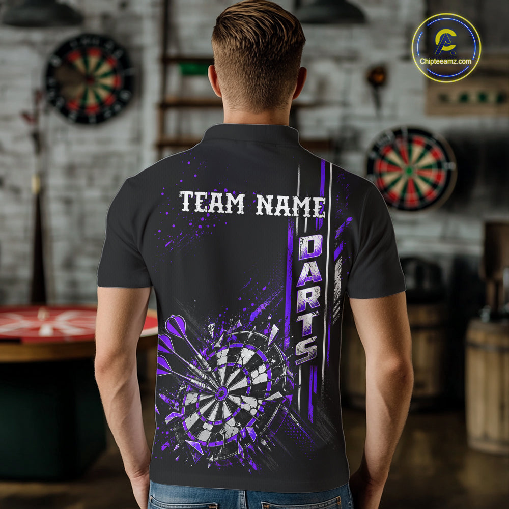 Purple Darts Target Shatter Polo 1/4-Zip Shirt For Men Custom Black Team Tournament Jersey NHT1661