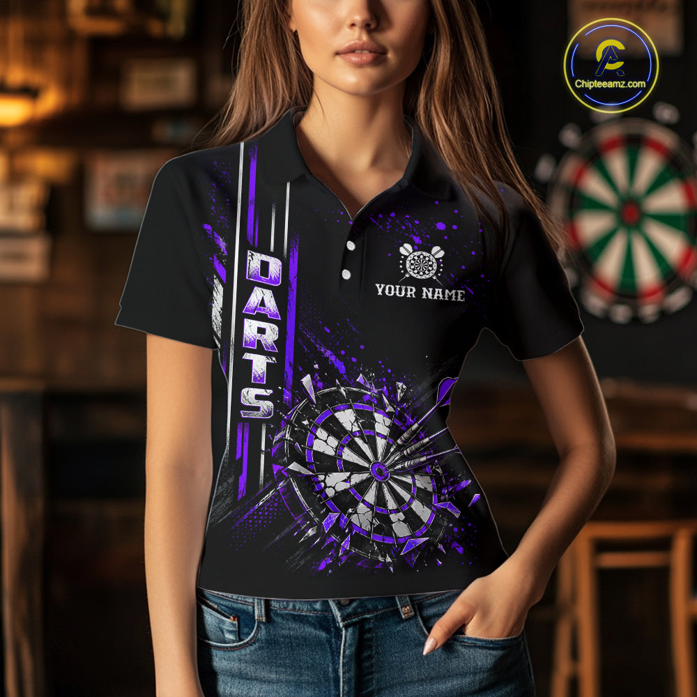 Purple Darts Target Shatter Polo 1/4-Zip Shirt For Women Custom Black Team Tournament Jersey NHT1661