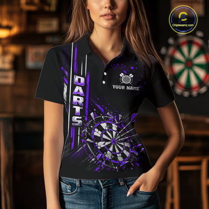 Purple Darts Target Shatter Polo 1/4-Zip Shirt For Women Custom Black Team Tournament Jersey NHT1661